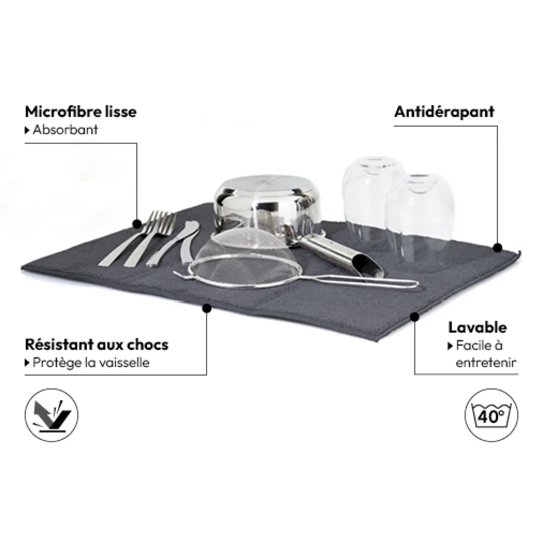 5five Tapis de vaisselle microfibre 38x50cm, Gris