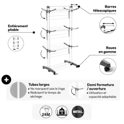 5five Étendoir à linge 4 roues 24m