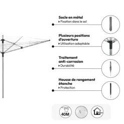 5five Étendoir à linge extérieur 40m, Aluminium